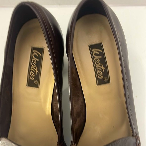 Westies Women's Brown Leather Loafers Chunky 3 Inch Heels Slip On - Picture 7 of 11